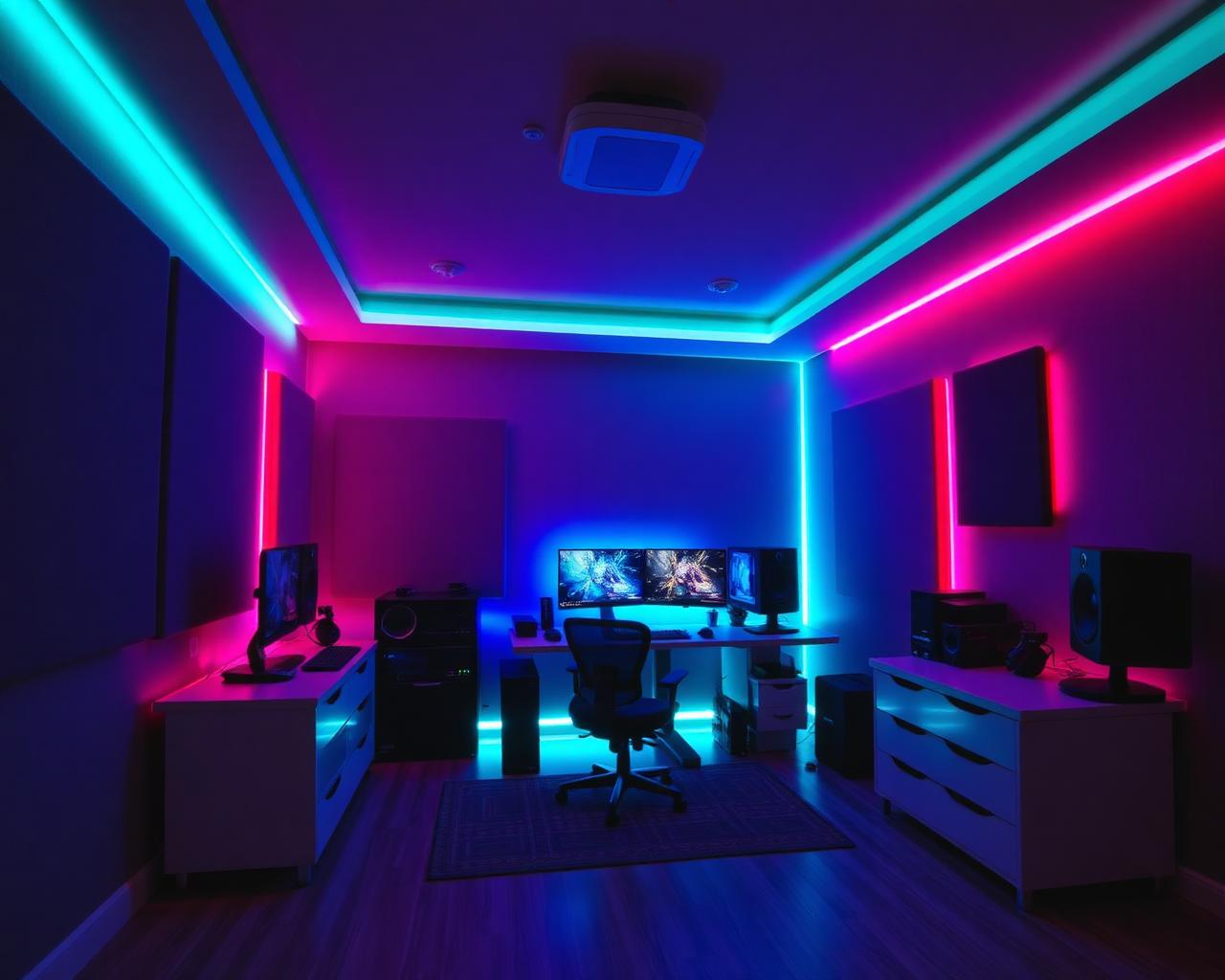 Gaming room s neónovým LED osvetlením, herným stolom a akustickými panelmi